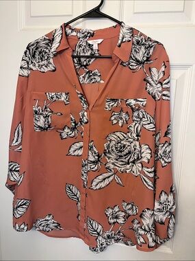 Candie's Rust Floral Button-Front Shirt with Black & White Print